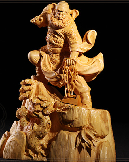 Chinese Classical Hands Carved Wooden Sculptures of Zhong Kui