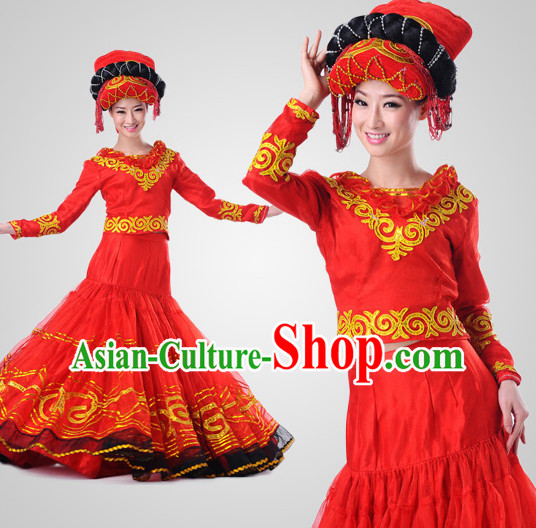 Chinese Traditional Ethnic Group Dancing Costumes and Headdress Complete Set for Women