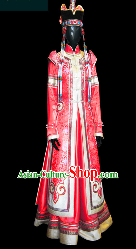 Chinese Mongolian People Yuan Dynasty Mongolians Dance Costumes Queen Princess Empress Clothing Clothes Garment Complete Set for Women Girls
