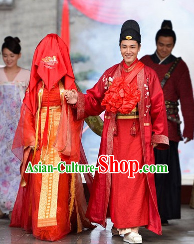 Ancient Chinese Brides and Bridegroom Wedding Dress Authentic Clothes Culture Han Dresses Traditional National Dress Clothing and Headpieces 2 Complete Sets