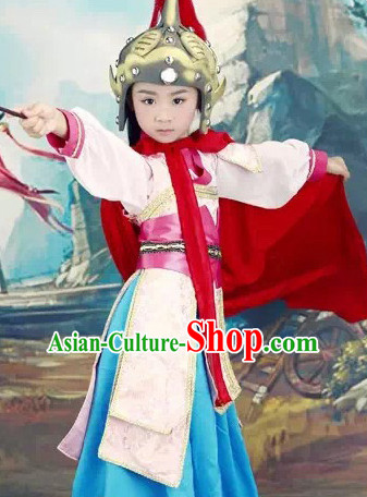 Chinese Classical Hua Mulan Costumes and Headdress Complete Set for Kids