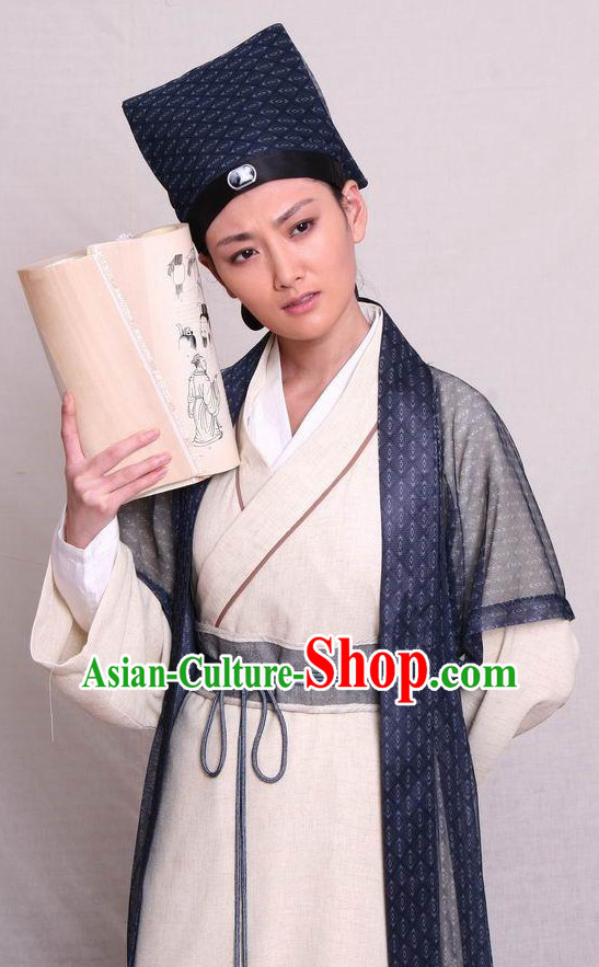 Traditional Chinese Ancient Student Scholar Costumes and Hat Complete Set