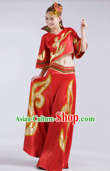 Red Chinese Folk Fan Dancewear and Headdress Complete Set for Women
