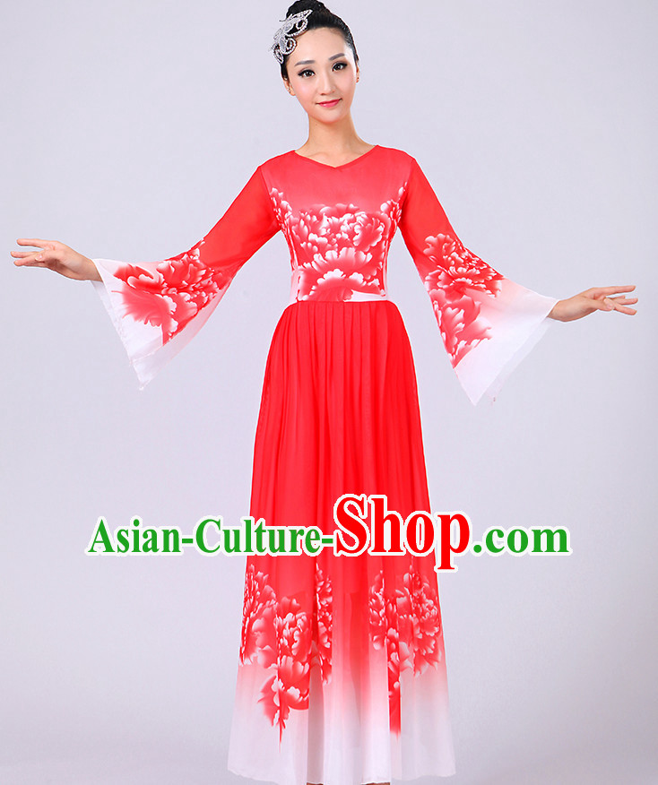 Red Chinese Theater Traditional Dance Ribbon Dancing Long Sleeve Leotard China Fan Dance Costume Complete Set