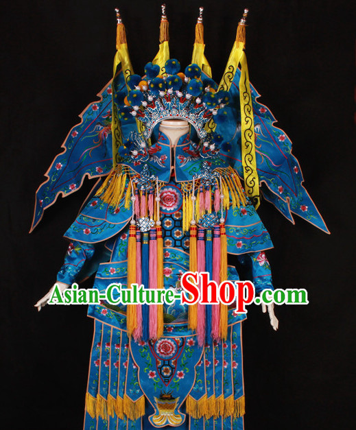Blue China Beijing Opera Chinese Peking Opera Costume Embroidered Robe Hua Military General Dan Opera Costumes Complete Set