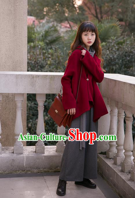 Traditional Classic Women Clothing, Traditional Classic Red Pure Woolen Tweed Jacket Wool Coats