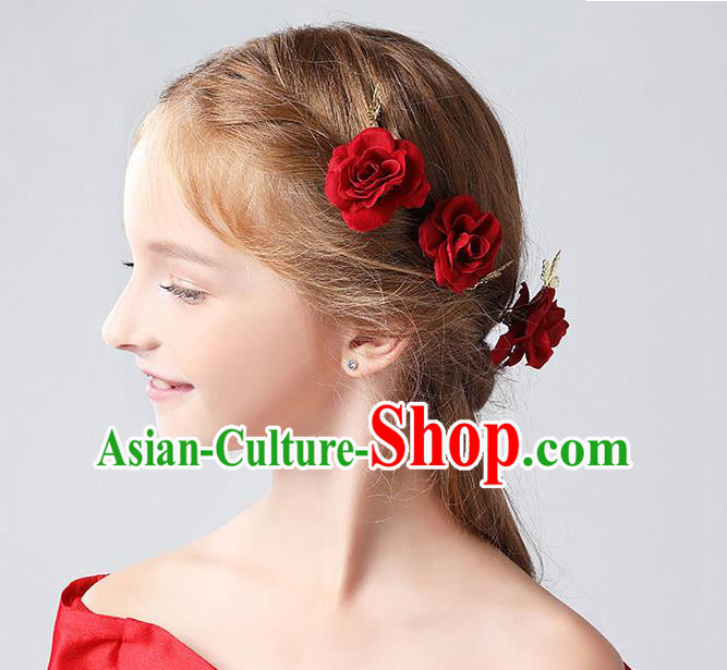 Handmade Children Hair Accessories Red Rose Hair Stick, Princess Model Show Headwear Hair Clasp for Kids