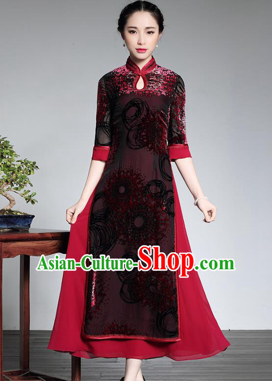 Traditional Chinese National Costume Long Qipao Dress, China Tang Suit Chirpaur Velvet Cheongsam for Women