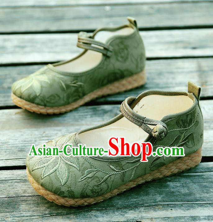 Traditional Chinese National Embroidered Shoes Green Linen Shoes, China Handmade Hanfu Embroidery Lotus Shoes for Kids