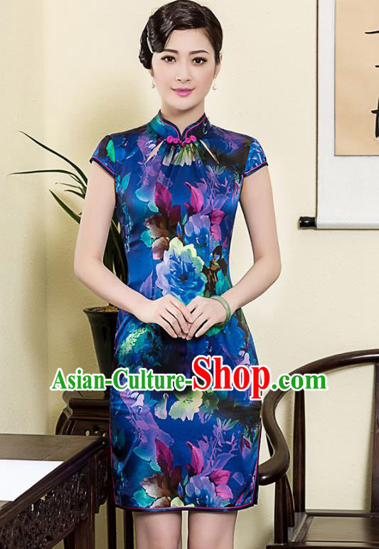 Asian Republic of China Young Lady Retro Plated Buttons Blue Silk Cheongsam, Traditional Chinese Printing Qipao Tang Suit Dress for Women
