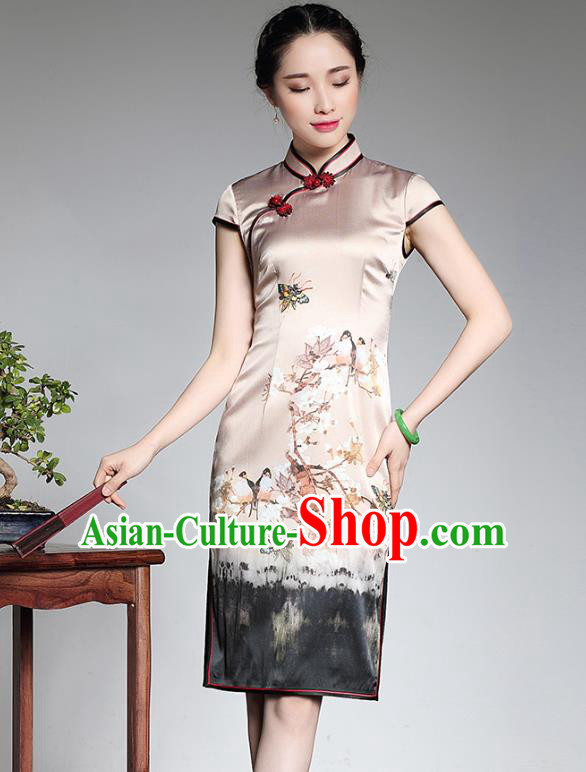 Asian Republic of China Young Lady Retro Plated Buttons Silk Cheongsam, Traditional Chinese Printing Qipao Tang Suit Dress for Women