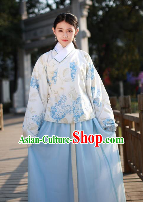 Asian China Ming Dynasty Palace Lady Costume Complete Set, Traditional Chinese Ancient Princess Embroidered Hanfu Blouse and Slip Skirt for Women