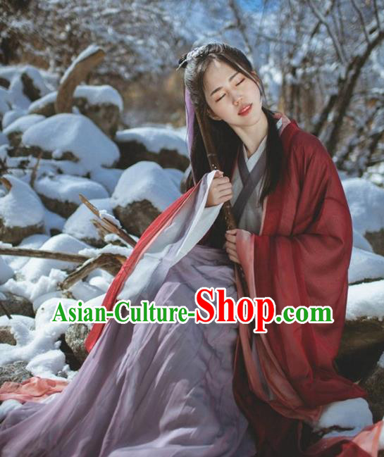 Asian China Jin Dynasty Young Lady Costume Red Cardigan Complete Set, Traditional Ancient Chinese Princess Elegant Hanfu Clothing for Women