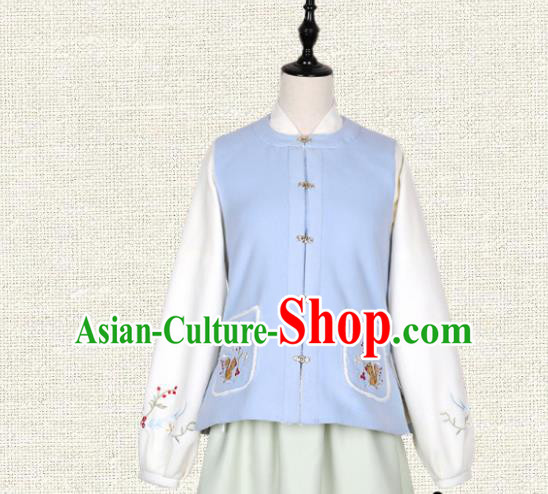 Asian China Ming Dynasty Young Lady Costume Blue Embroidered Cardigan, Traditional Ancient Chinese Princess Elegant Hanfu Clothing for Women