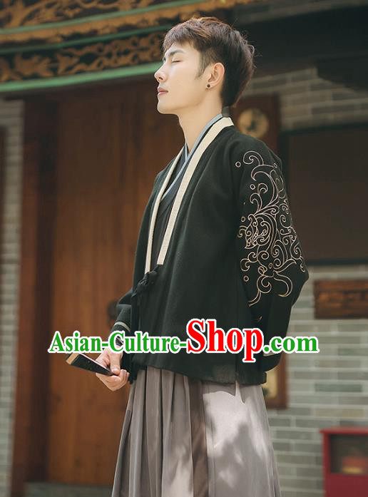 Asian China Ming Dynasty Embroidered Beizi Black Blouse, Traditional Ancient Chinese Elegant Hanfu Tang Suit Clothing for Men