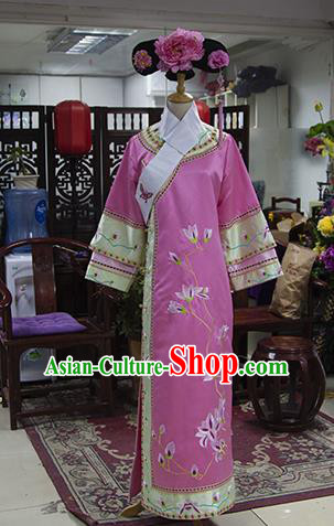 Traditional Ancient Chinese Imperial Consort Costume, Chinese Qing Dynasty Manchu Lady Embroidered Pink Dress Clothing for Women