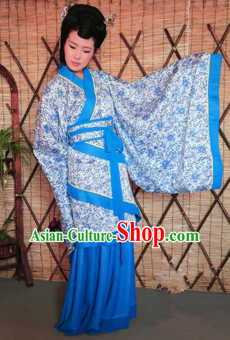 Traditional Chinese Ancient Young Lady Printing Costume Blue Curve Bottom, Asian China Han Dynasty Imperial Concubine Hanfu Clothing for Women