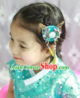 Traditional Korean Hair Accessories Green Butterfly Tassel Hair Clasp, Asian Korean Fashion Headwear Headband for Kids