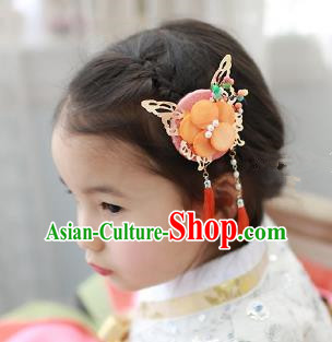 Traditional Korean Hair Accessories Orange Butterfly Tassel Hair Clasp, Asian Korean Fashion Headwear Headband for Kids