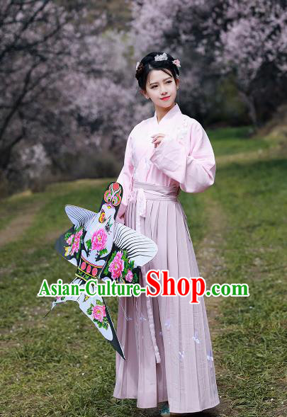 Asian China Ming Dynasty Young Lady Costume Complete Set, Chinese Ancient Nobility Embroidered Clothing for Women