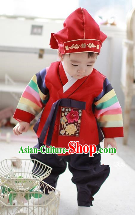 Asian Korean Traditional Handmade Formal Occasions Costume Palace Prince Embroidered Red Hanbok Clothing for Boys
