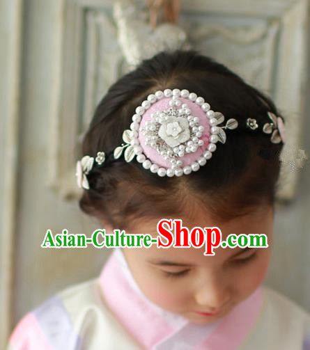 Traditional Korean Hair Accessories Pearls Pink Flower Hair Clasp, Asian Korean Hanbok Fashion Headwear Headband for Kids