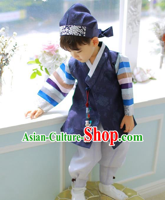 Asian Korean National Traditional Handmade Formal Occasions Boys Embroidery Navy Hanbok Costume Complete Set for Kids