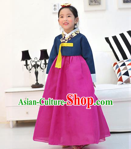 Asian Korean National Handmade Formal Occasions Wedding Embroidered Navy Blouse and Pink Dress Traditional Palace Hanbok Costume for Kids