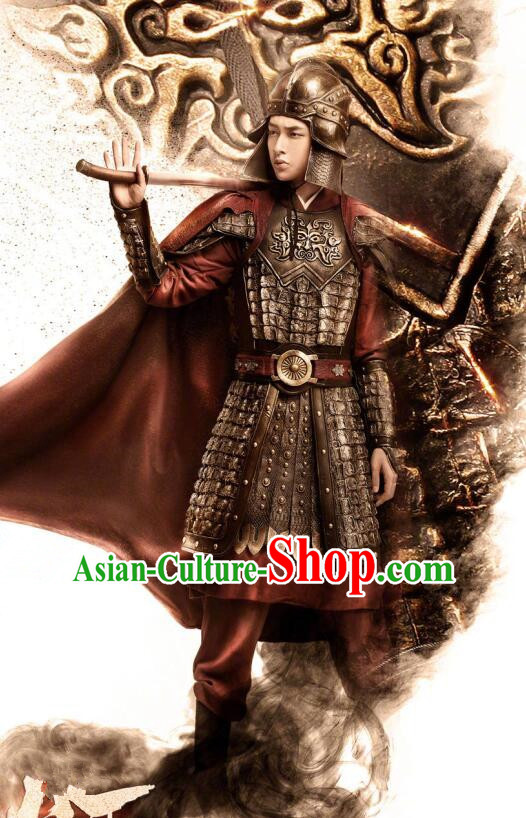 Traditional Chinese Southern and Northern Dynasties General Helmet and Armour Ancient Costume for Men