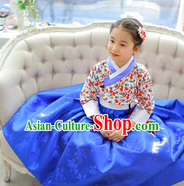 Korean National Handmade Formal Occasions Girls Hanbok Costume Embroidered Blouse and Blue Dress for Kids