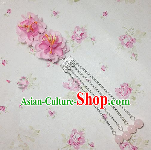 Traditional Chinese Ancient Classical Hair Accessories Hanfu Pink Flowers Tassel Step Shake Bride Hairpins for Women