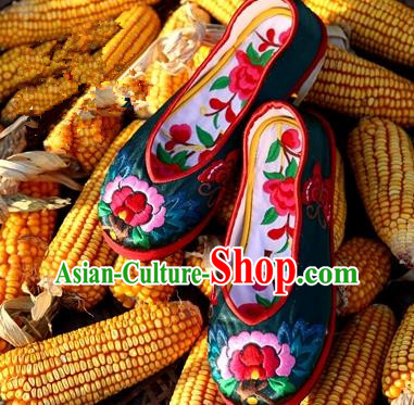 Asian Chinese Traditional Shoes Bride Atrovirens Embroidered Shoes, China Peking Opera Handmade Embroidery Peony Shoe Hanfu Princess Shoes for Women