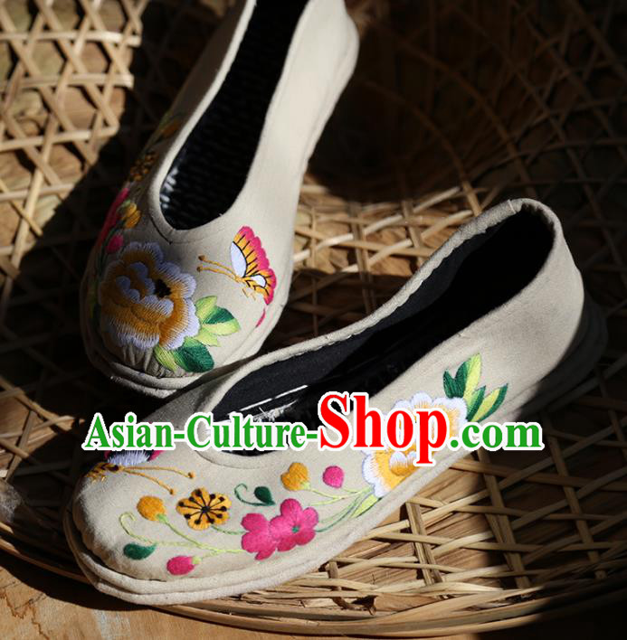 Asian Chinese Traditional Shoes Grey Embroidered Shoes, China Peking Opera Handmade Strong Cloth Soles Embroidery Shoe Hanfu Princess Shoes for Women