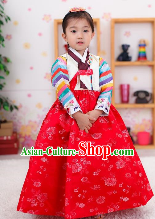 Traditional Korean Handmade Formal Occasions Embroidered Girls Costume, Asian Korean Apparel Bride Hanbok Red Dress Clothing for Kids