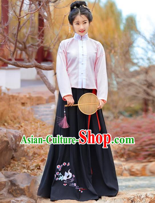 Traditional Chinese Ming Dynasty Palace Lady Costume Embroidered Blouse and Skirt for Women