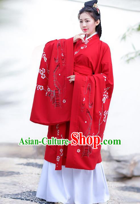 Traditional Chinese Han Dynasty Palace Lady Imperial Princess Hanfu Curving-front Robe Embroidered Costume for Women