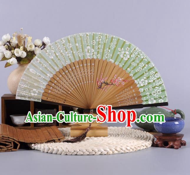 Traditional Chinese Crafts Hand Painted Plum Blossom Green Silk Folding Fan China Oriental Fans for Women
