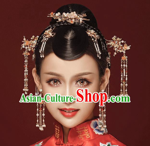 Chinese Traditional Bride Hair Jewelry Accessories Palace Xiuhe Suit Phoenix Coronet Wedding Tassel Headwear for Women