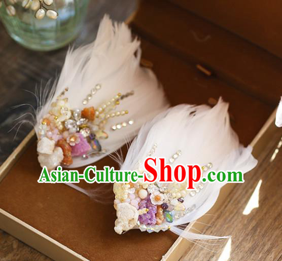 Chinese Traditional Bride Hair Accessories Baroque Princess Wedding White Feather Hair Stick for Women
