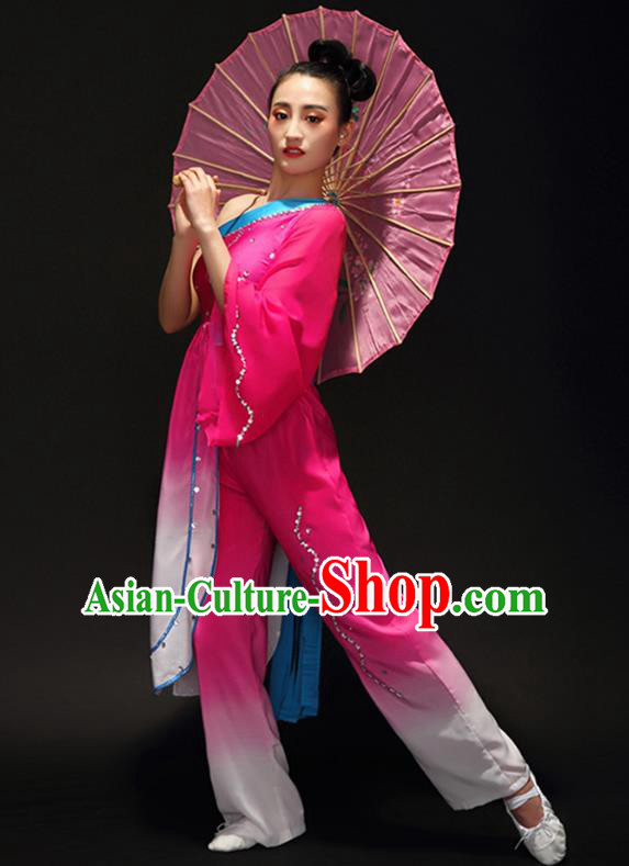 Traditional Chinese Classical Dance Umbrella Dance Costume, China Folk Dance Yangko Rosy Clothing for Women