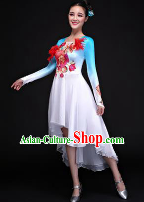 Traditional Chinese Modern Dance Embroidered Blue Costume, Opening Dance Chorus Dress Clothing for Women