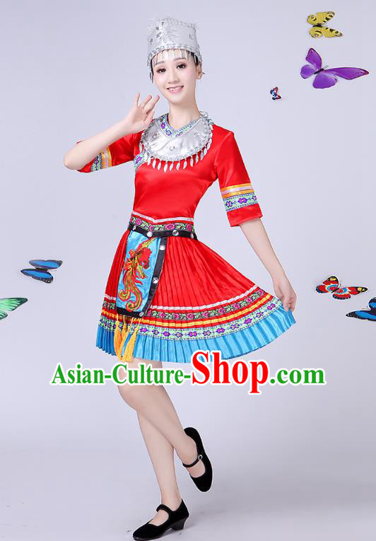 Traditional Chinese Miao Nationality Dance Costume, Chinese Minority Hmong Folk Dance Red Pleated Skirt Embroidery Costume for Women