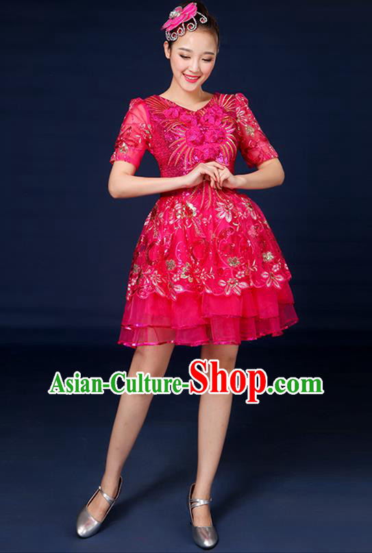 Traditional Chinese Modern Dance Opening Dance Clothing Chorus Classical Dance Rosy Bubble Dress for Women