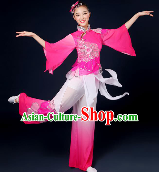 Traditional Chinese Yangge Fan Dance Embroidered Pink Uniform, China Classical Folk Yangko Drum Dance Clothing for Women