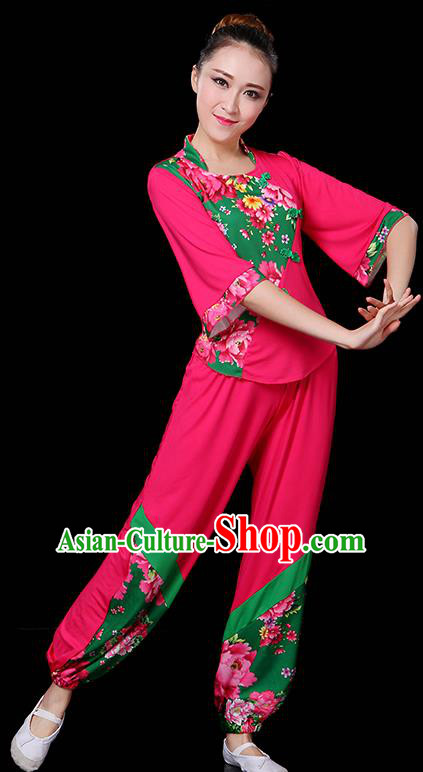 Traditional Chinese Yangge Fan Dance Rosy Uniform, China Classical Folk Yangko Drum Dance Clothing for Women