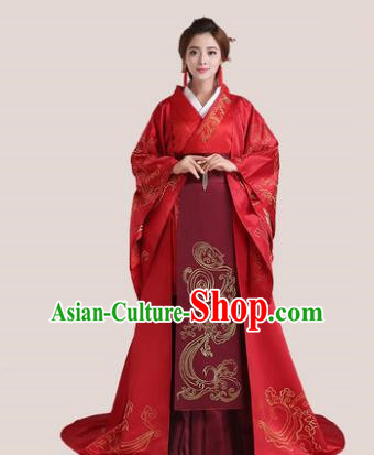 Traditional Chinese Han Dynasty Imperial Princess Wedding Costume, China Ancient Bride Hanfu Embroidered Clothing for Women