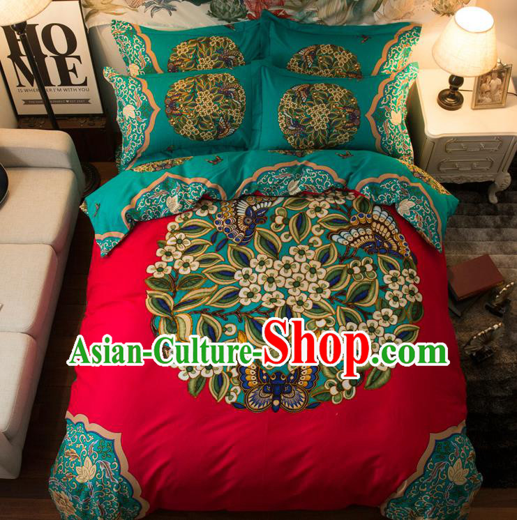 Traditional Chinese Style Wedding Bedding Set, China National Printing Green Flowers Red Textile Bedding Sheet Quilt Cover Complete Set