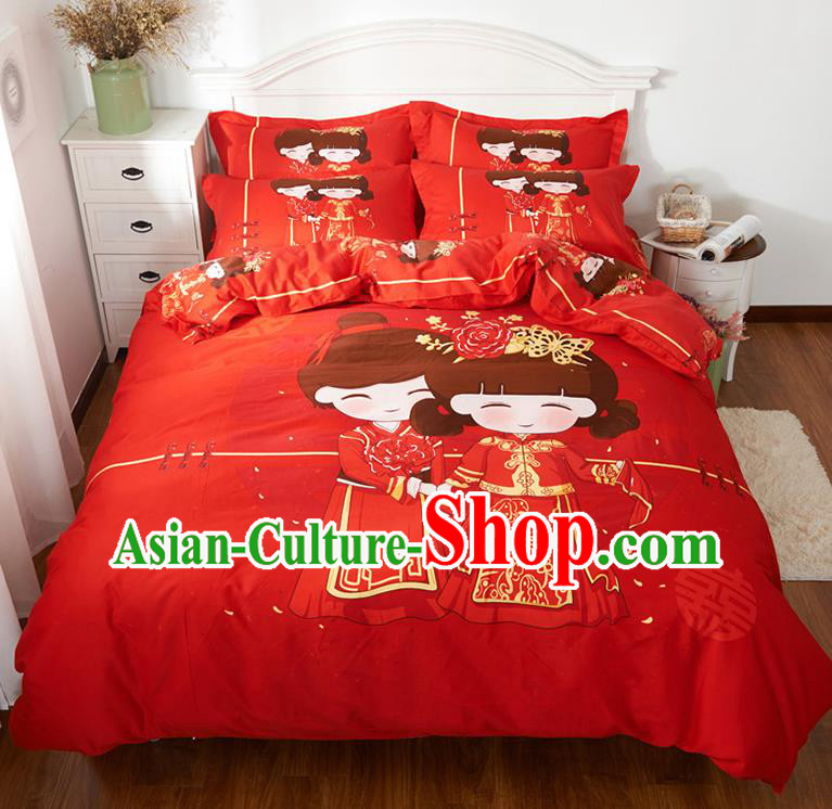 Traditional Chinese Style Wedding Bedding Set, China National Marriage Printing Bride Red Textile Bedding Sheet Quilt Cover Seven-piece suit