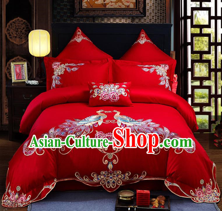 Traditional Chinese Style Wedding Bedding Set, China National Marriage Embroidery Peacock Red Textile Bedding Sheet Quilt Cover Seven-piece suit