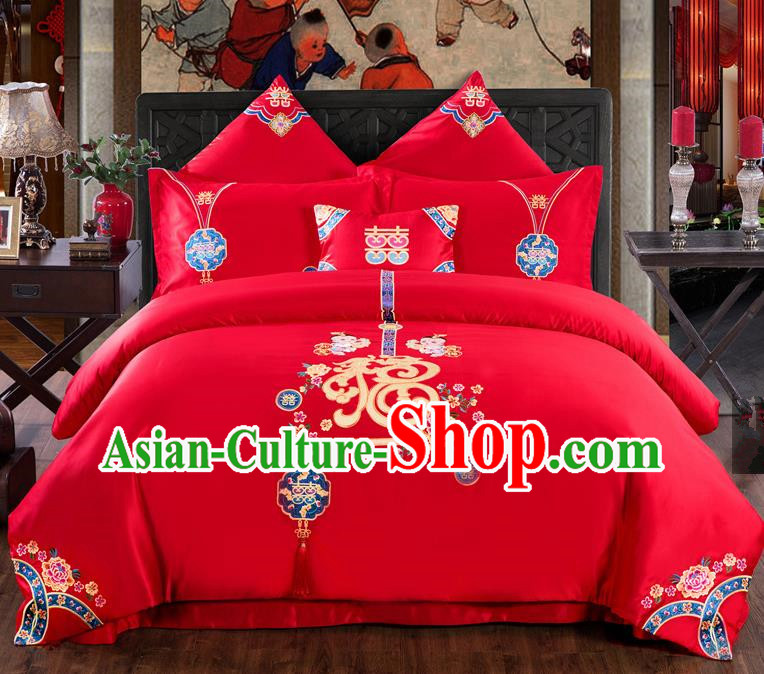 Traditional Chinese Style Wedding Bedding Set, China National Marriage Printing Fu Character Red Textile Bedding Sheet Quilt Cover Seven-piece suit
